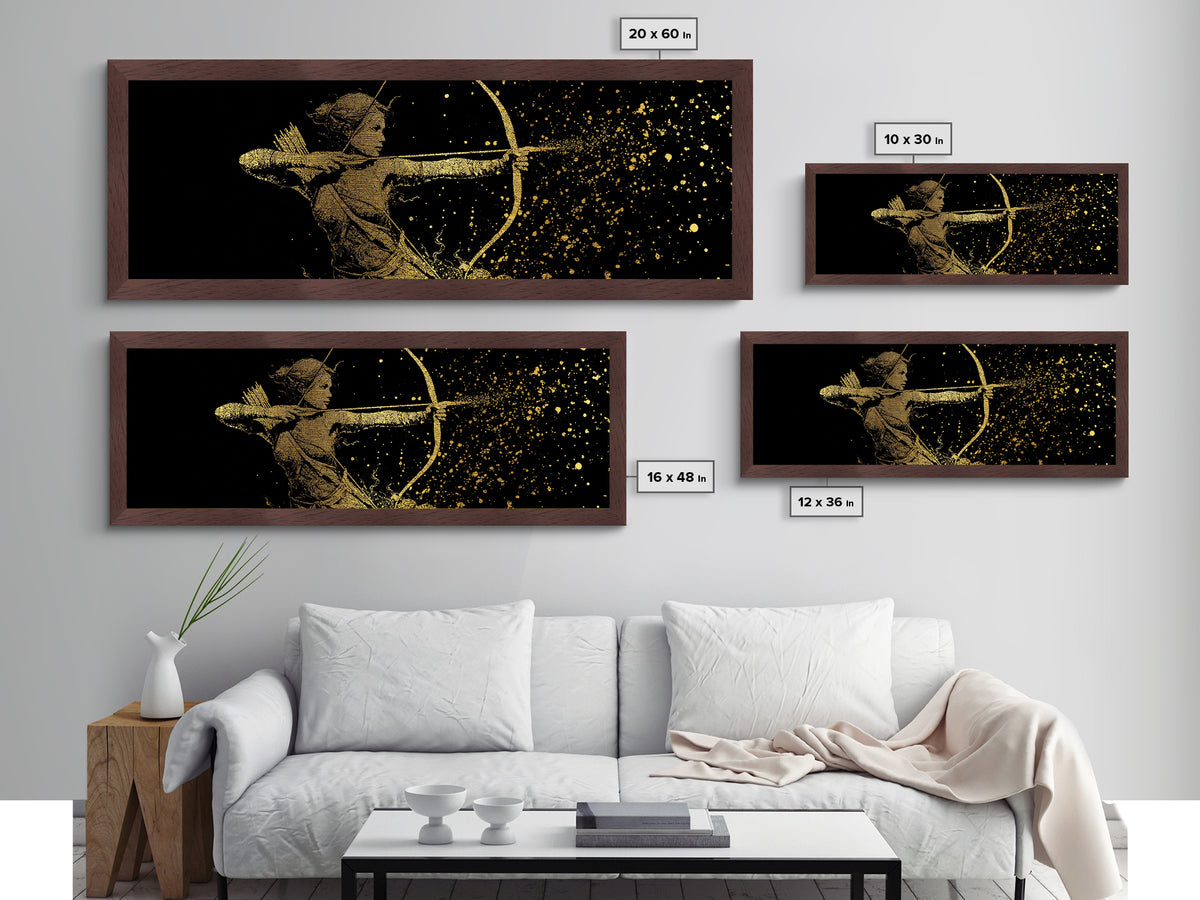 Archer Goddess Metallic Gold Art Norse Mythology Female Warrior Metal Art with real wood frame, Office Art or Dad Gift