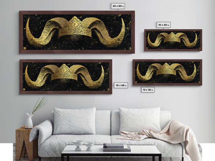 Nordic Horned Crown Metallic Gold Art, Viking Inspired Metal Art Wall Hanging, Office Decor or Dad Gift in real wood frame