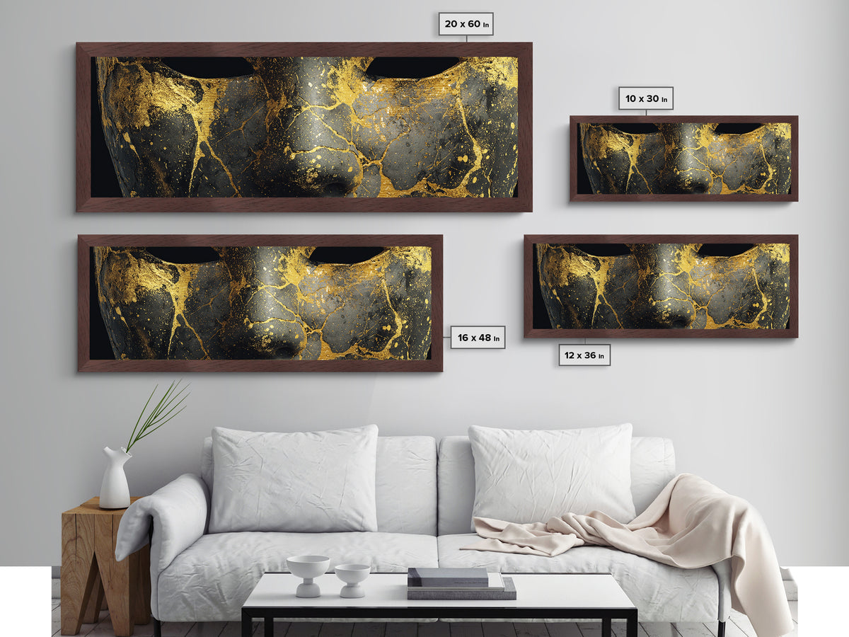 Kintsugi Mask Metallic Gold Art, Norse Mythology Metal Art Wall Decor, Unique Nordic Office Accent framed in real wood
