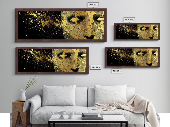 Metal Art Metallic Gold Broken Face Nordic Mask, Norse Mythology Office or Man Cave Art, Viking Decor with natural wood frame