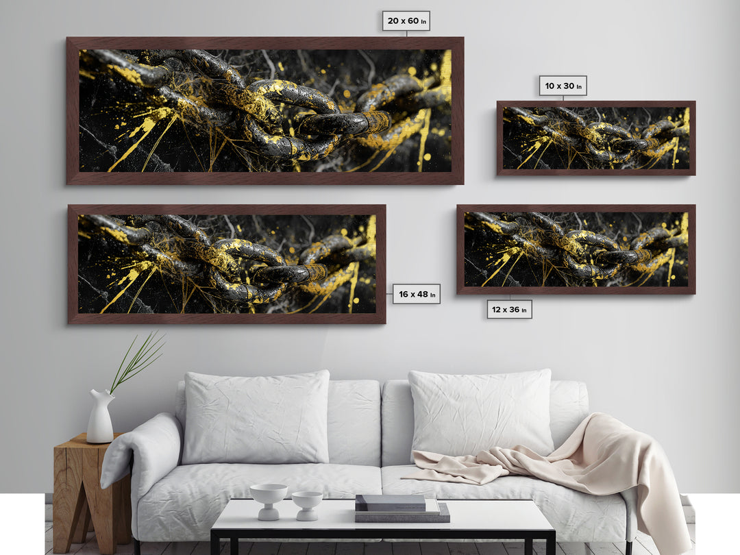 Nordic Chain Symbol Metallic Gold Art Metal Art, Norse Mythology Office Decor for Men, framed in natural real wood