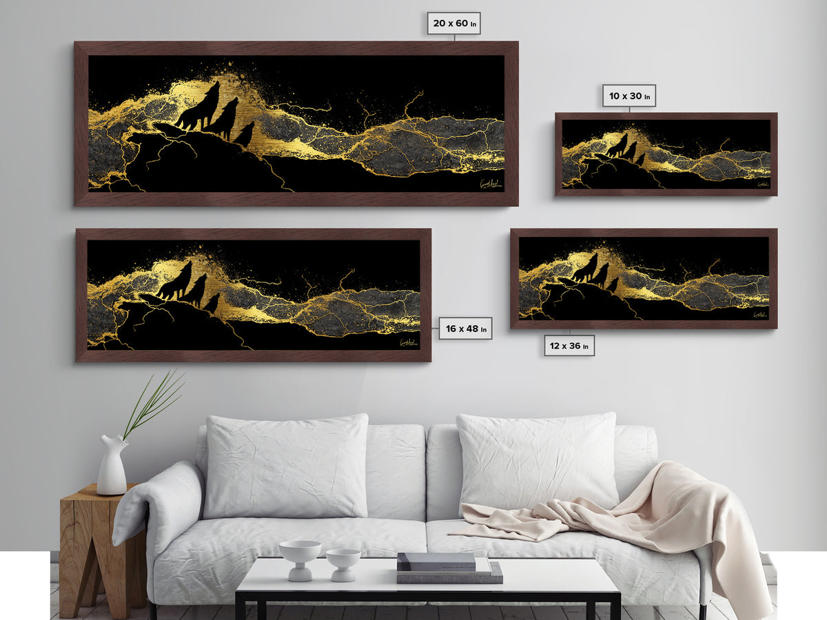 Howling Wolves Norse Metallic Gold Art Metal Art, Nordic Mythology Office Art for Dad Gift or Man Cave, natural wood framed