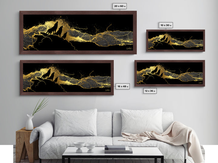 Howling Wolves Norse Metallic Gold Art Metal Art, Nordic Mythology Office Art for Dad Gift or Man Cave, natural wood framed