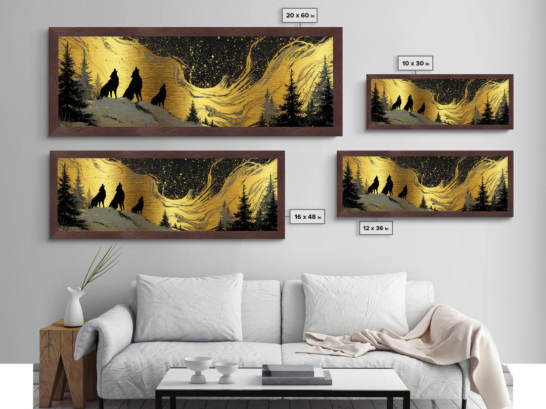 Nordic Wolves Under Stars Metallic Gold Art Metal Art, Viking Mythology Night Sky Office Decor, framed in solid wood