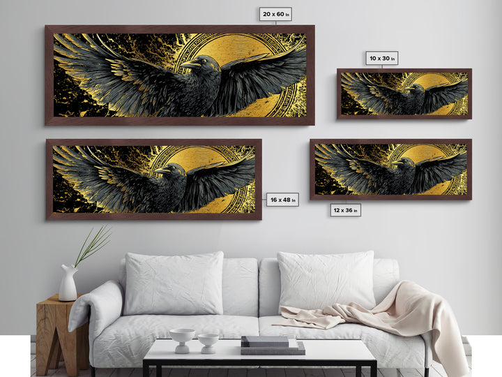 Odin’s Raven Huginn Muninn Metallic Gold Art Metal Art, Norse Mythology Office Art for Men, framed in authentic wood