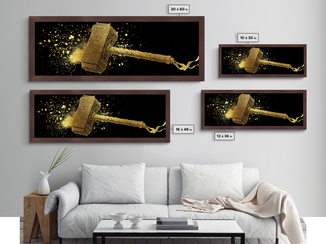 Thor’s Hammer Mjolnir Metallic Gold Art, Norse Mythology Metal Art with real wood frame, Viking Office Wall Decor, Unique Dad Gift
