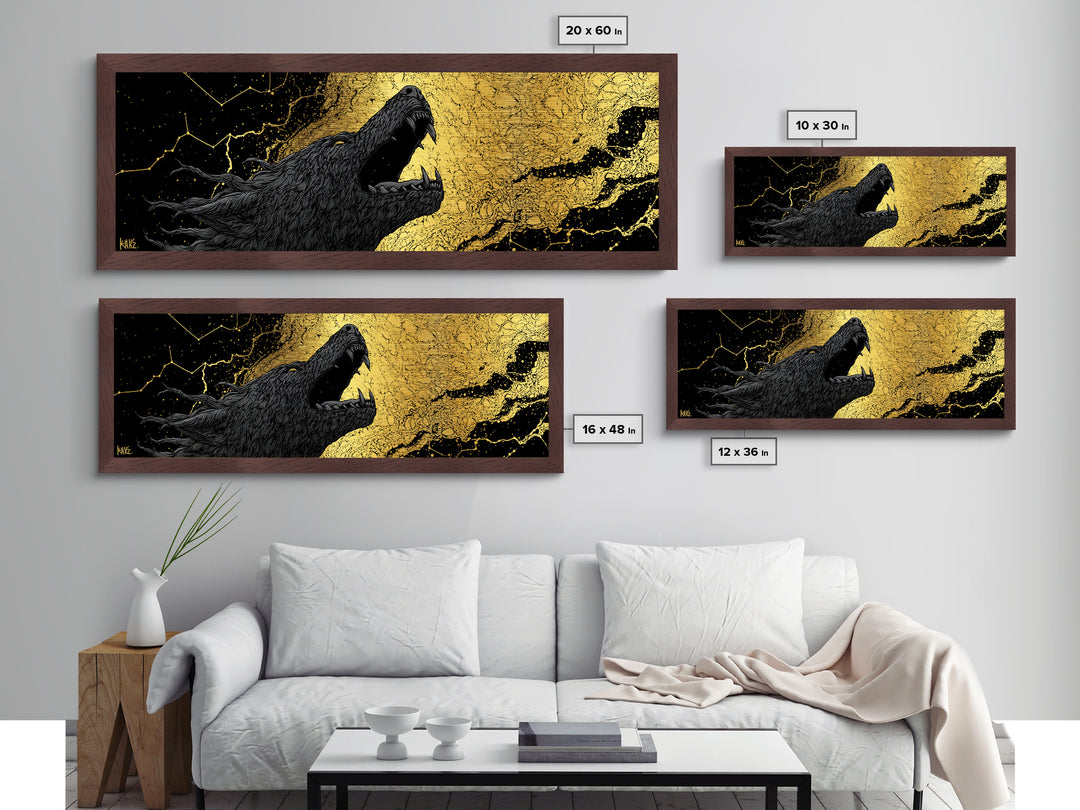 Fenrir Bound Norse Wolf Metallic Gold Art Metal Art, Nordic Mythology Office Decor for Men, framed in natural wood