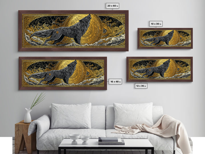 Fenrir Wolf of Ragnarok Metallic Gold Art Metal Art, Norse Mythology Office Decor Man Cave Wall Art, with real wood frame
