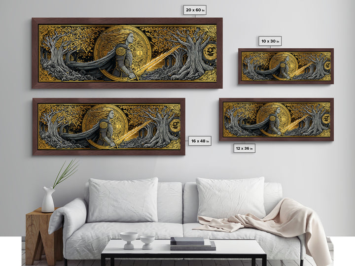 Hervor Nordic Warrior Goddess Metallic Gold Art, Mythology Inspired Metal Art, Dad Gift or Office Art, Framed in Natural Wood