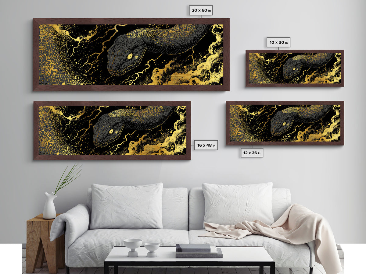 Jormungandr Serpent Metallic Gold Art, Norse Mythology Metal Art, Viking Decor for Men’s Office or Man Cave, Real Wood Frame