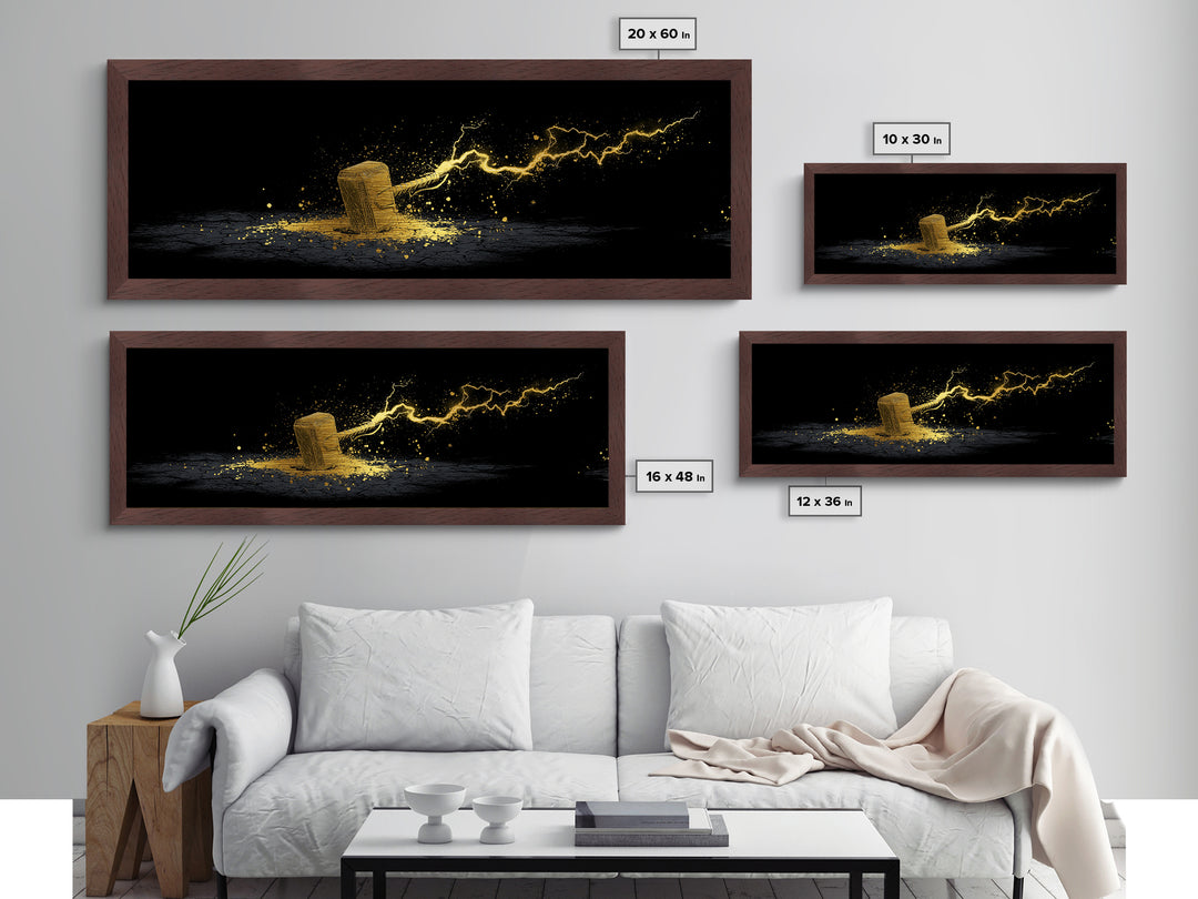Metallic Gold Art Metal Art – Thor’s Mjolnir with Lightning, Nordic Mythology Office Wall Art Dad Gift, natural wood framed