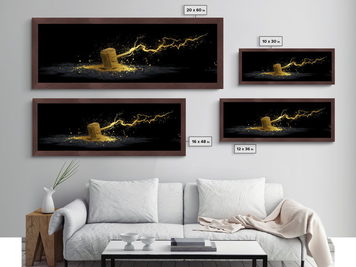 Metallic Gold Art Metal Art – Thor’s Mjolnir with Lightning, Nordic Mythology Office Wall Art Dad Gift, natural wood framed