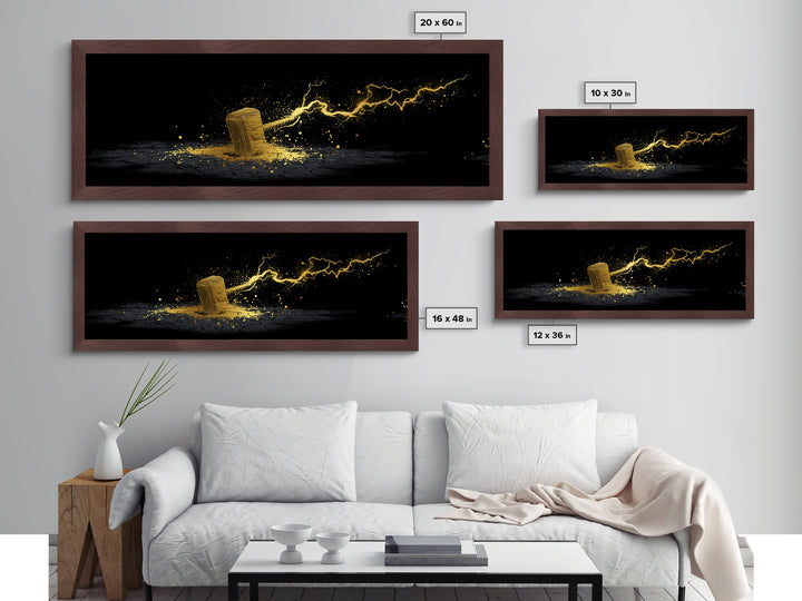 Metallic Gold Art Metal Art – Thor’s Mjolnir with Lightning, Nordic Mythology Office Wall Art Dad Gift, natural wood framed