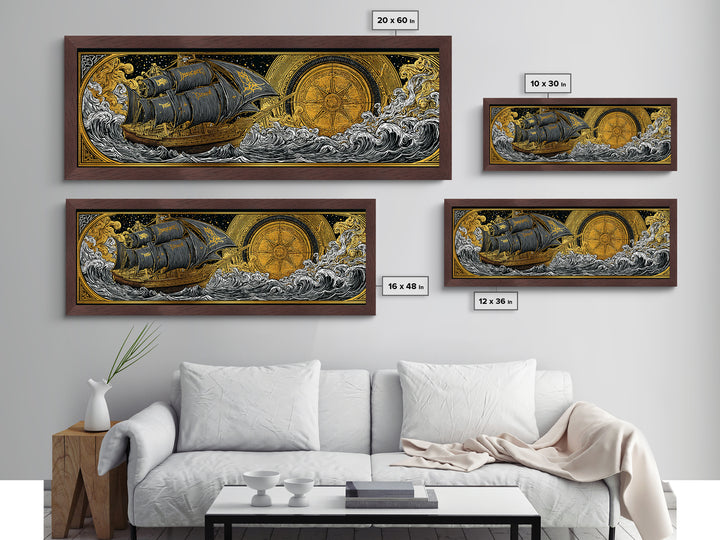 Nordic Naglfar Metallic Gold Art Metal Art – Viking Ship at Sea, Norse Mythology Wall Decor Dad Gift, framed in genuine wood