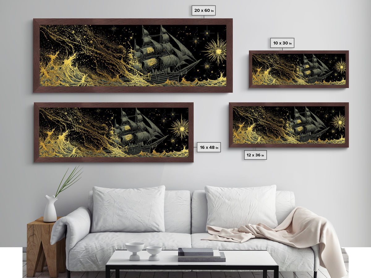 Naglfar Ship Metal Art Metallic Gold Art – Viking Longship Norse Mythology Office Decor Man Cave Wall Hanging, real wood frame