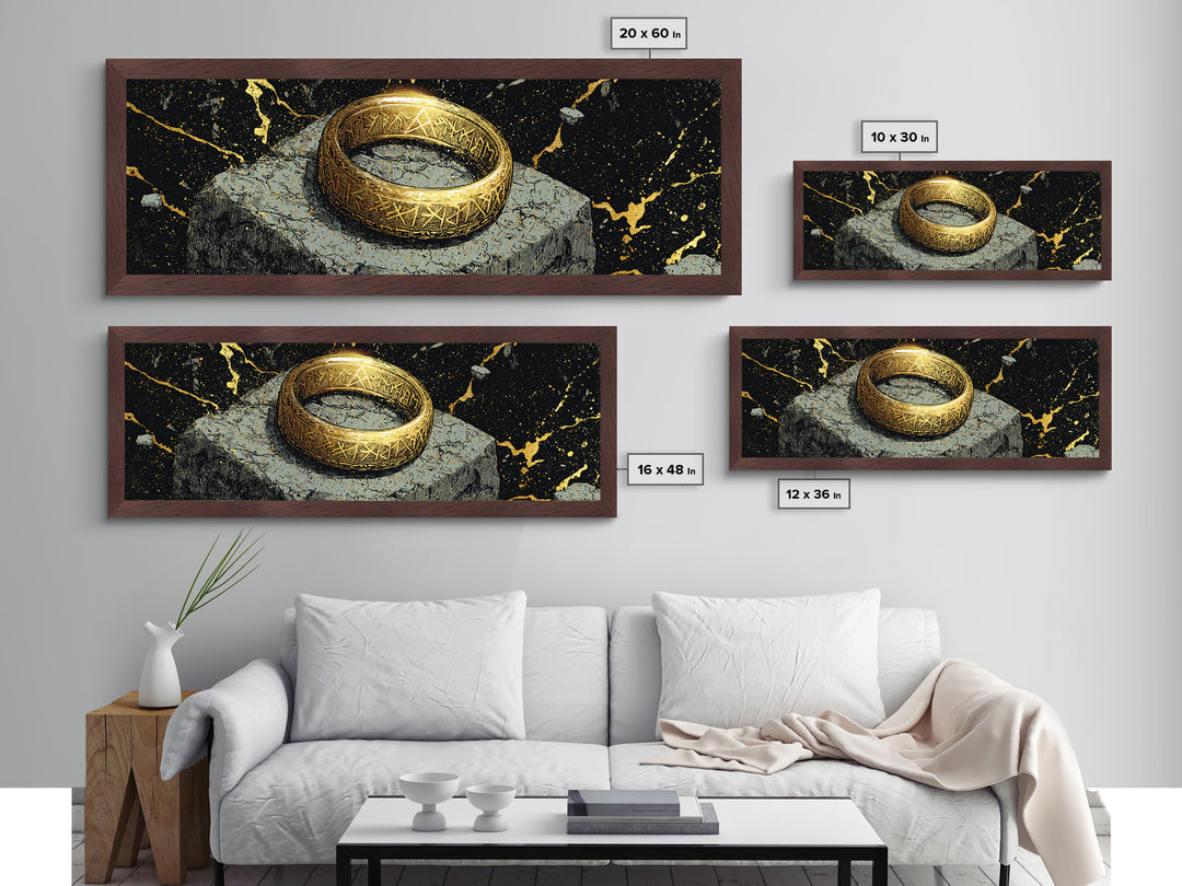 Norse Ring Metallic Gold Art Metal Art – Nordic Mythology Jewelry Symbol, Viking Inspired Wall Decor Office Gift, natural wood frame