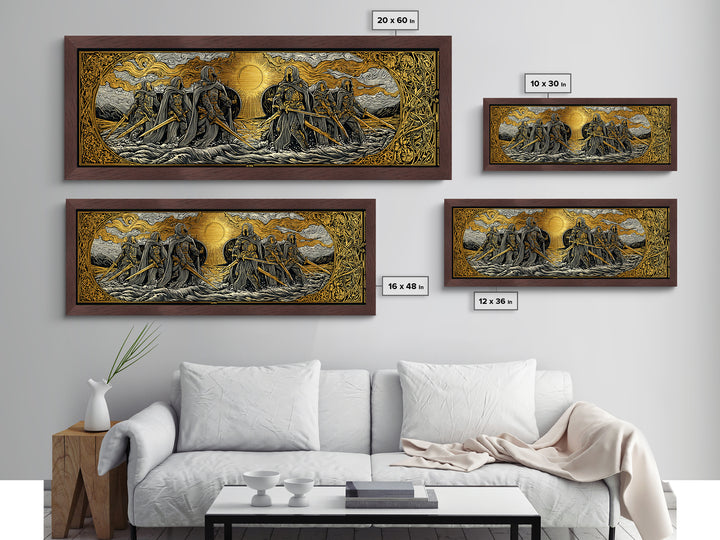 Norse Warriors Metallic Gold Art Metal Art | Viking Battle Scene Wall Decor framed in natural wood | Man Cave or Office Gift