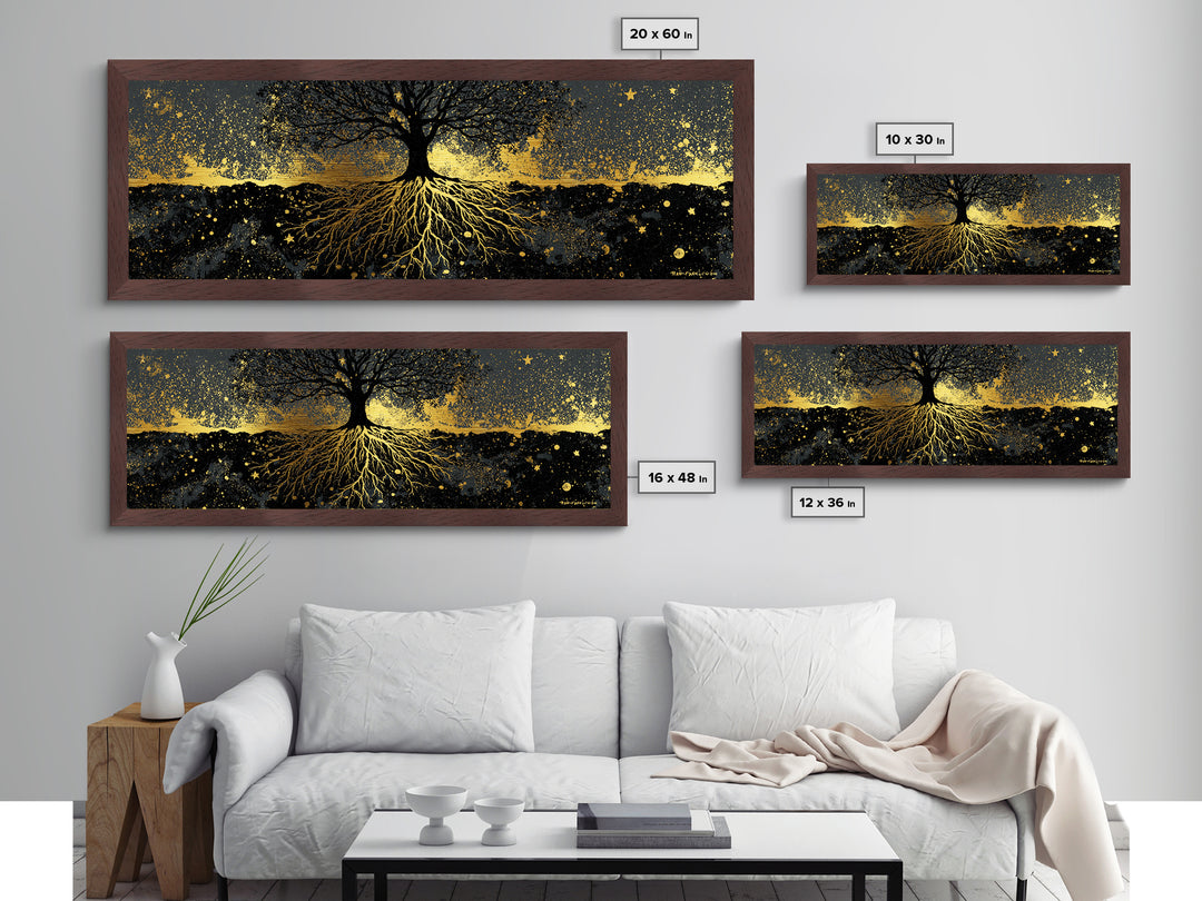 Nordic Tree of Life Yggdrasil Metallic Gold Art Metal Art Norse Mythology Wall Decor, handcrafted in a premium real wood frame