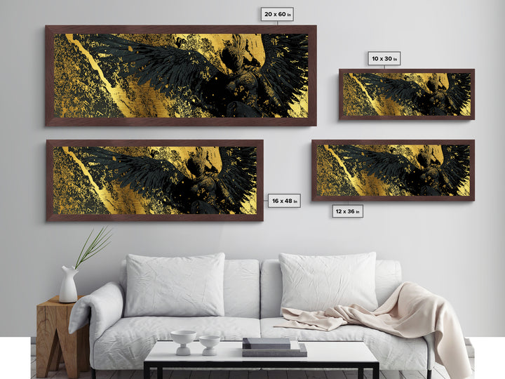 Nordic Valkyrie Metallic Gold Art Metal Art with Mythology Design, Man Cave Wall Decor in real wood frame, Norse Office Gift