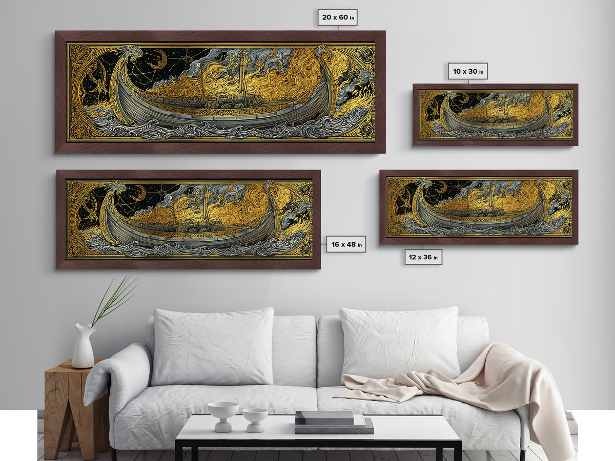 Norse Viking Longship Metallic Gold Art Metal Art, Mythology Office Wall Decor with real wood frame, Unique Gift for Men