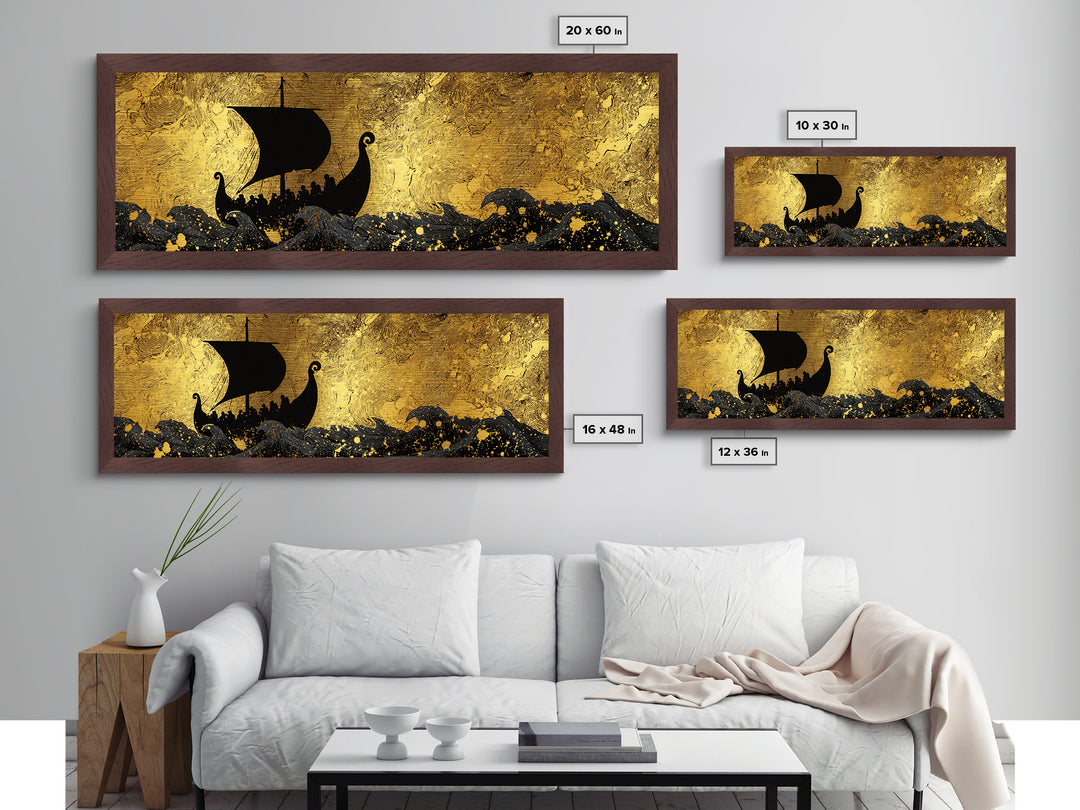 Viking Funerary Ship Metallic Gold Art Norse Mythology Metal Art, Office Wall Decor framed in real wood, Dad Gift Man Cave