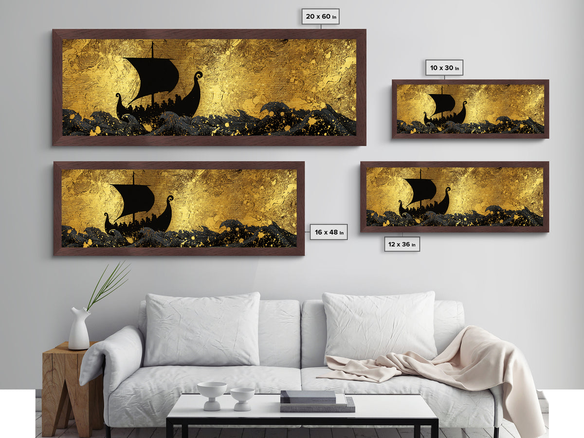 Viking Funerary Ship Metallic Gold Art Norse Mythology Metal Art, Office Wall Decor framed in real wood, Dad Gift Man Cave