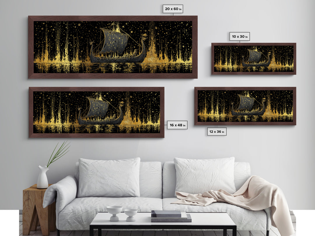 Nordic Viking Warriors Metallic Gold Art Metal Art, Mythology Office Wall Hanging in natural wood frame, Gift for Him Decor
