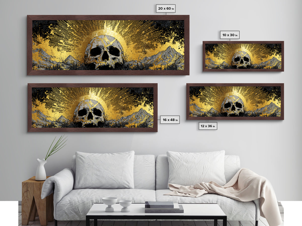 Nordic Mythology Metallic Gold Art, Ymir Skull Landscape Metal Art with Natural Wood Frame, Viking Man Cave Wall Decor
