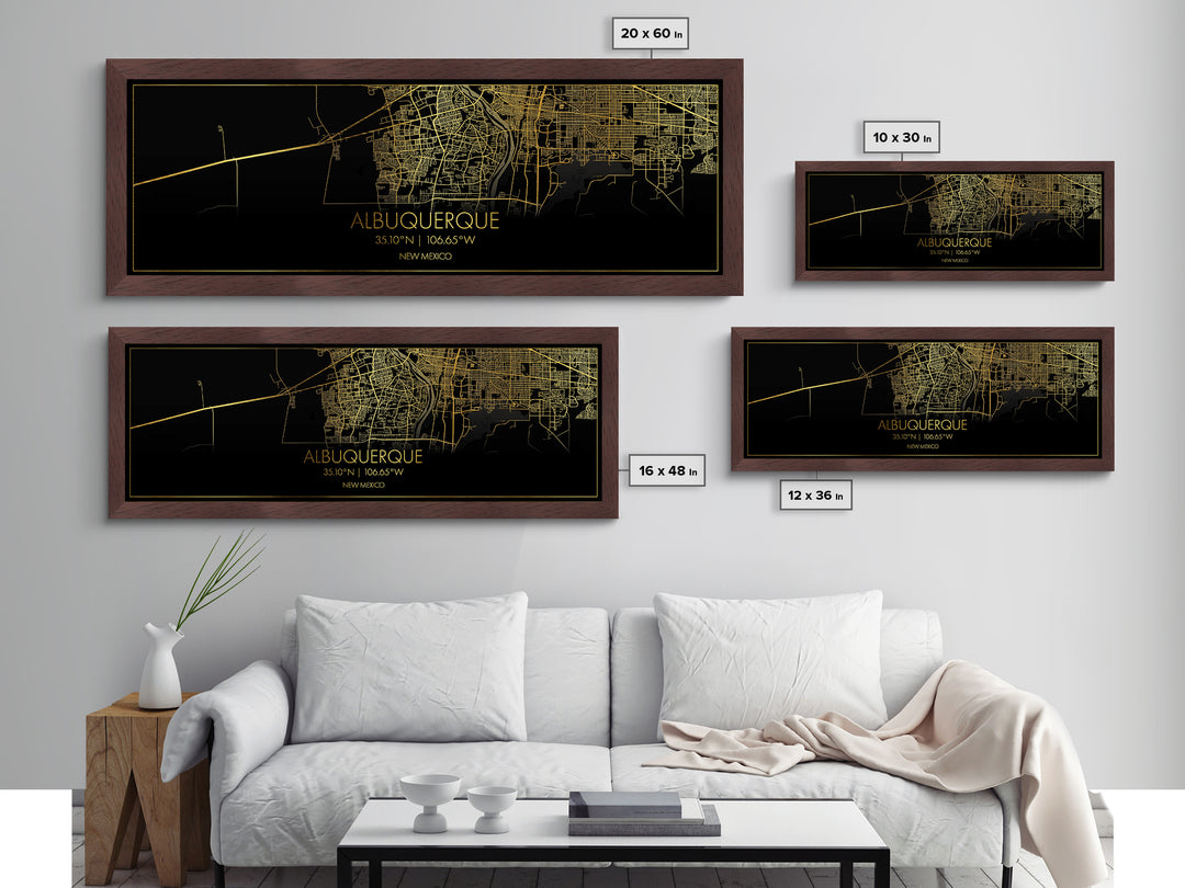 Black and Gold Panoramic Albuquerque New Mexico Street Map Wall Art - Metal Art - Metallic Gold Foil Wall Art - Gold Street Map Art