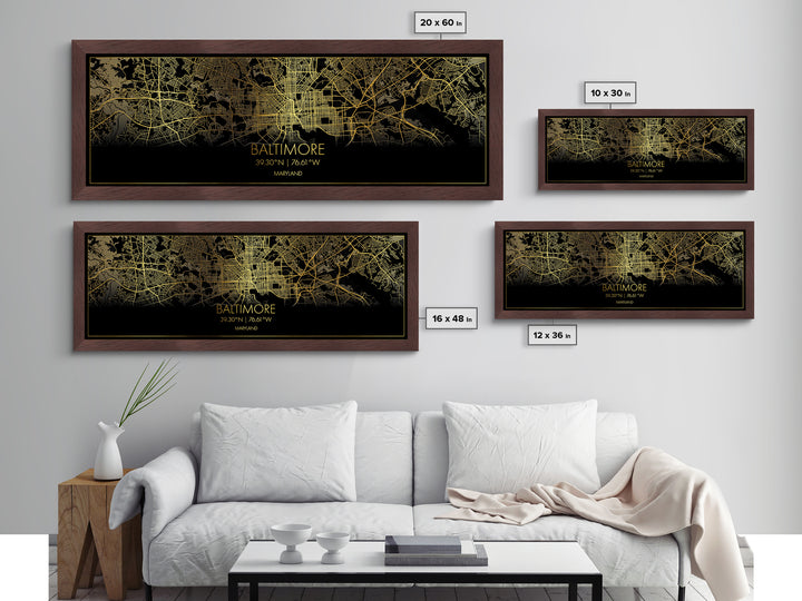 Baltimore Maryland City street map, Panoramic art, black and gold, Metallic Gold Print, Metal Art, real wood frames, Modern Wall Art
