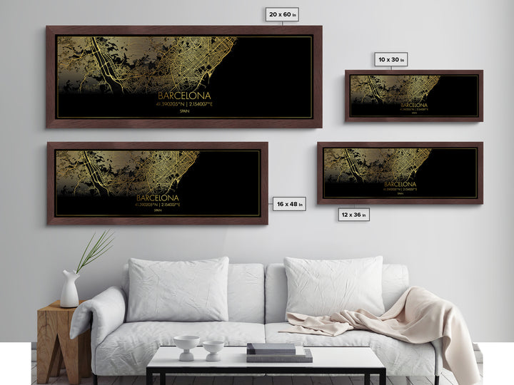 Barcelona Spain City street map, Panoramic art, black and gold, Metallic Gold Print, Metal Art, real wood frames, Modern Wall Art