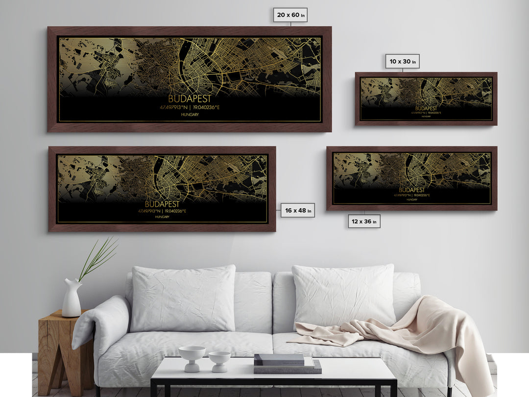 Budapest Hungary City street map, Panoramic art, black and gold, Metallic Gold Print, Metal Art, real wood frames, Minimalist Wall Art
