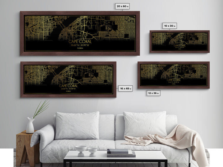 Cape Coral Florida City street map, Panoramic art, black and gold, Metallic Gold Print, Metal Art, real wood frames, Housewarming Gift