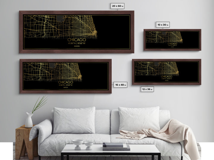 Chicago Illinois City Poster, Panoramic street map, black and gold, Metallic Gold Art, Metal Art, wood framed map, Modern Wall Art
