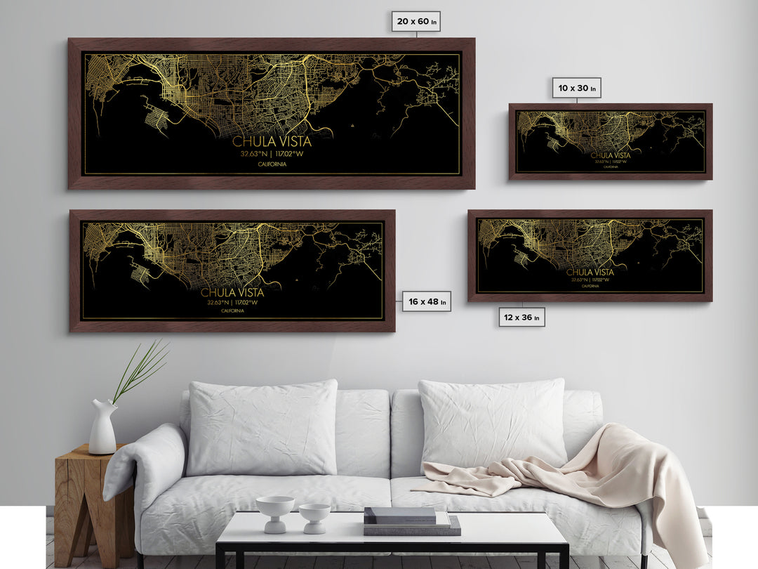 Chula Vista California City street map, Panoramic art, black and gold, Metallic Gold Print, Metal Art, real wood frames, Wall Art, Closing Gift