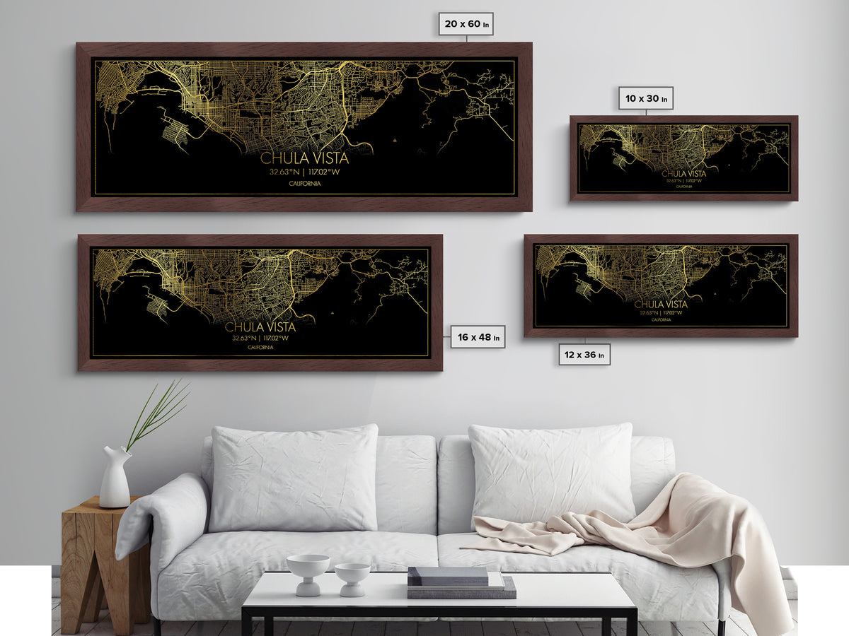 Chula Vista California City street map, Panoramic art, black and gold, Metallic Gold Print, Metal Art, real wood frames, Wall Art, Closing Gift
