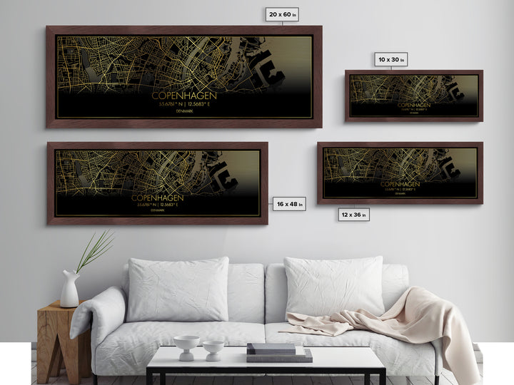Copenhagen Denmark Poster, Panoramic street map, black and gold, Metallic Gold Art, Metal Art, wood framed map, Street Map Art, Map Print