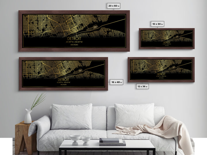 Detroit Michigan City street map, Panoramic art, black and gold, Metallic Gold Print, Metal Art, real wood frames, Minimalist Wall Art