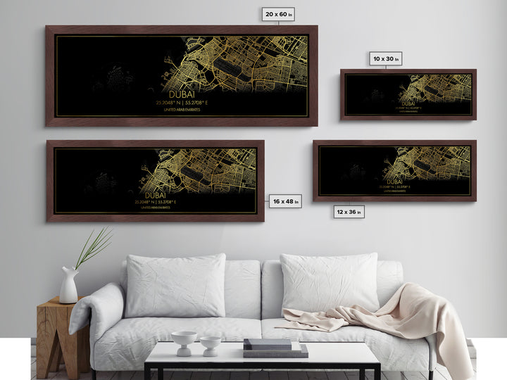 Dubai United Arab Emirates City Poster, Panoramic street map, black and gold, Metallic Gold Art, Metal Art, wood framed map, Modern Wall Art