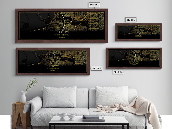 Elk Grove California City Poster, Panoramic street map, black and gold, Metallic Gold Art, Metal Art, wood framed map, Modern House Art