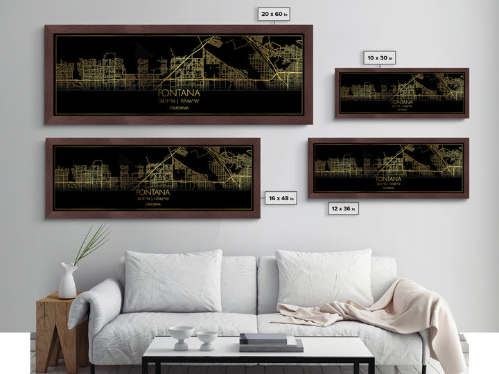 Fontana California City Poster, Panoramic street map, black and gold, Metallic Gold Art, Metal Art, wood framed map, Best Friend Gifts