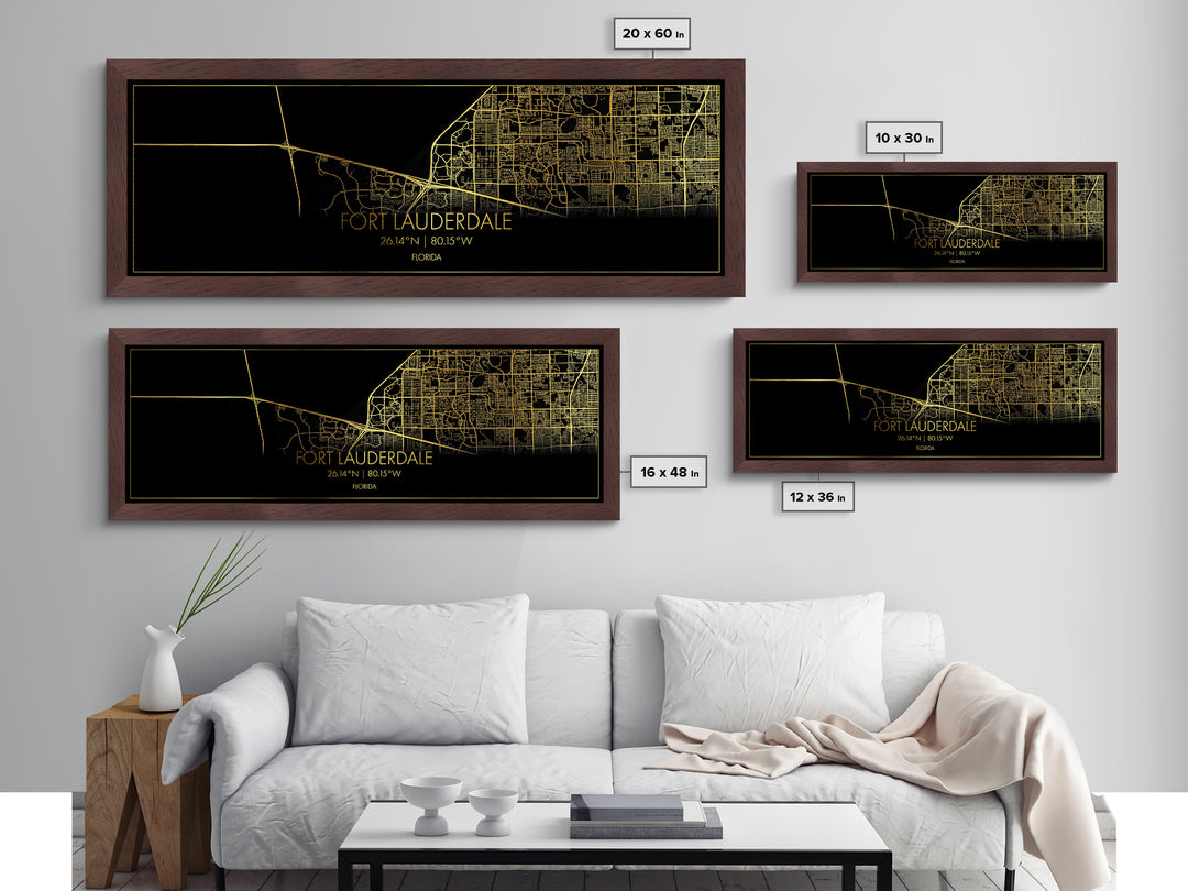 Fort Lauderdale Florida City street map, Panoramic art, black and gold, Metallic Gold Print, Metal Art, real wood frames, Modern Wall Art