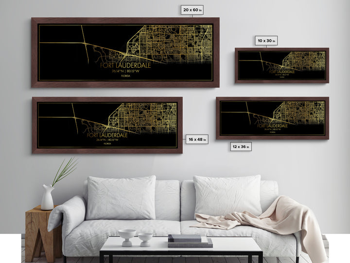 Fort Lauderdale Florida City street map, Panoramic art, black and gold, Metallic Gold Print, Metal Art, real wood frames, Modern Wall Art