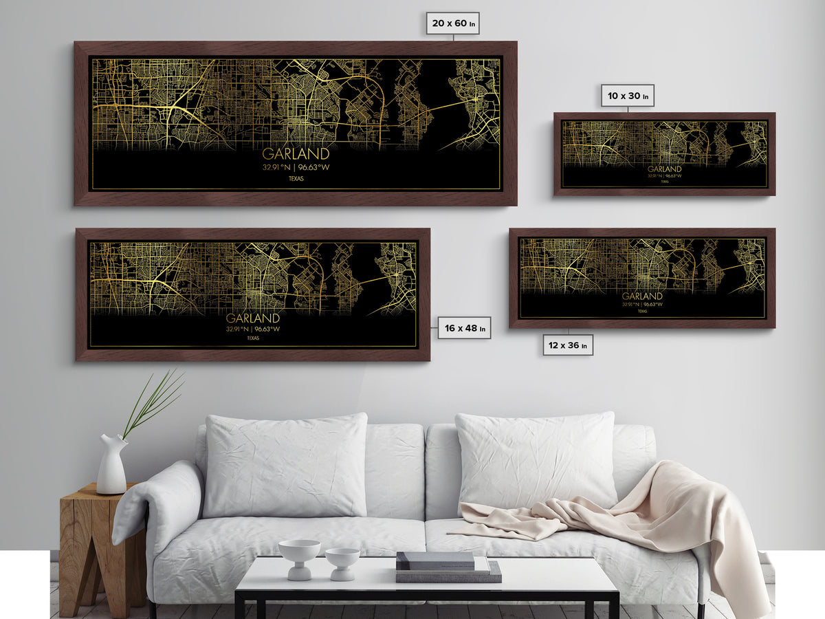 Garland Texas City Poster, Panoramic street map, black and gold, Metallic Gold Art, Metal Art, wood framed map, City Map Print Poster