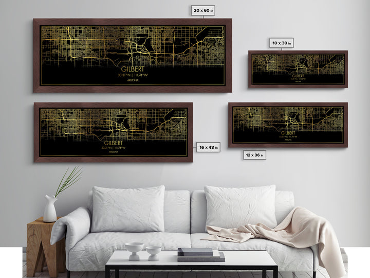 Gilbert Arizona map, Panoramic art, black and gold, Metallic Gold Print, Metal Art, real wood frames, Street Map Art, Best Friend Gifts