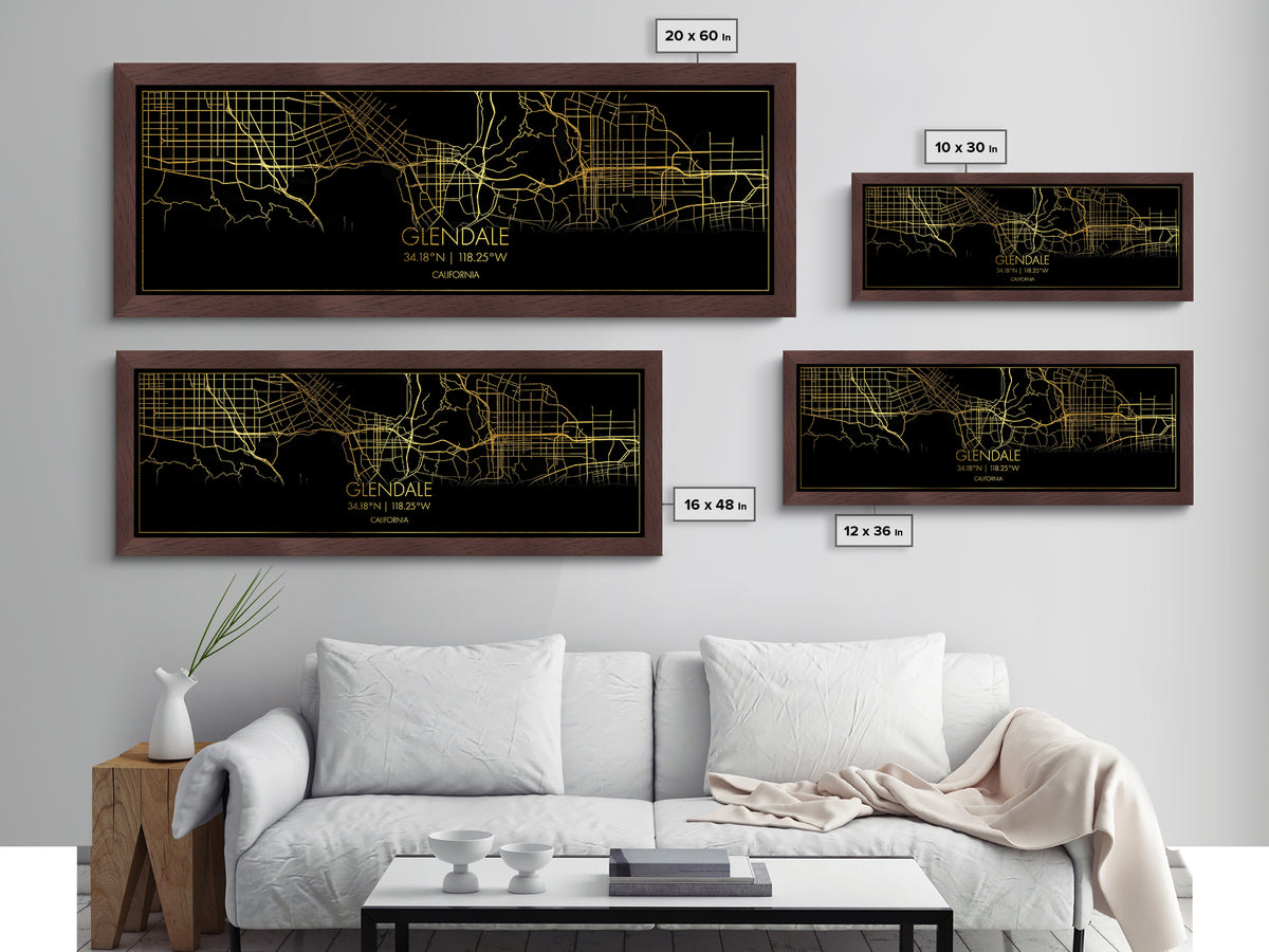 Glendale California City street map, Panoramic art, black and gold, Metallic Gold Print, Metal Art, real wood frames, Minimalist Wall Art