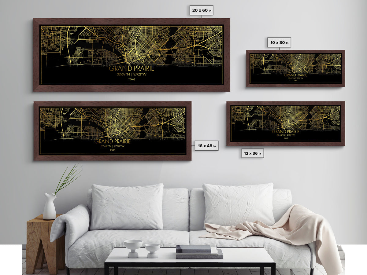 Grand Prairie Texas City Poster, Panoramic street map, black and gold, Metallic Gold Art, Metal Art, wood framed map, Modern House Art