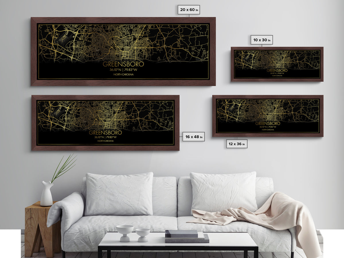 Greensboro North Carolina City Poster, Panoramic street map, black and gold, Metallic Gold Art, Metal Art, wood framed map, Best Friend Gift