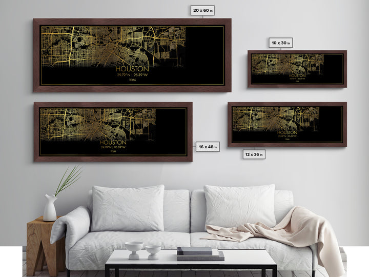 Houston Texas City Poster, Panoramic street map, black and gold, Metallic Gold Art, Metal Art, wood framed map, Housewarming Gift