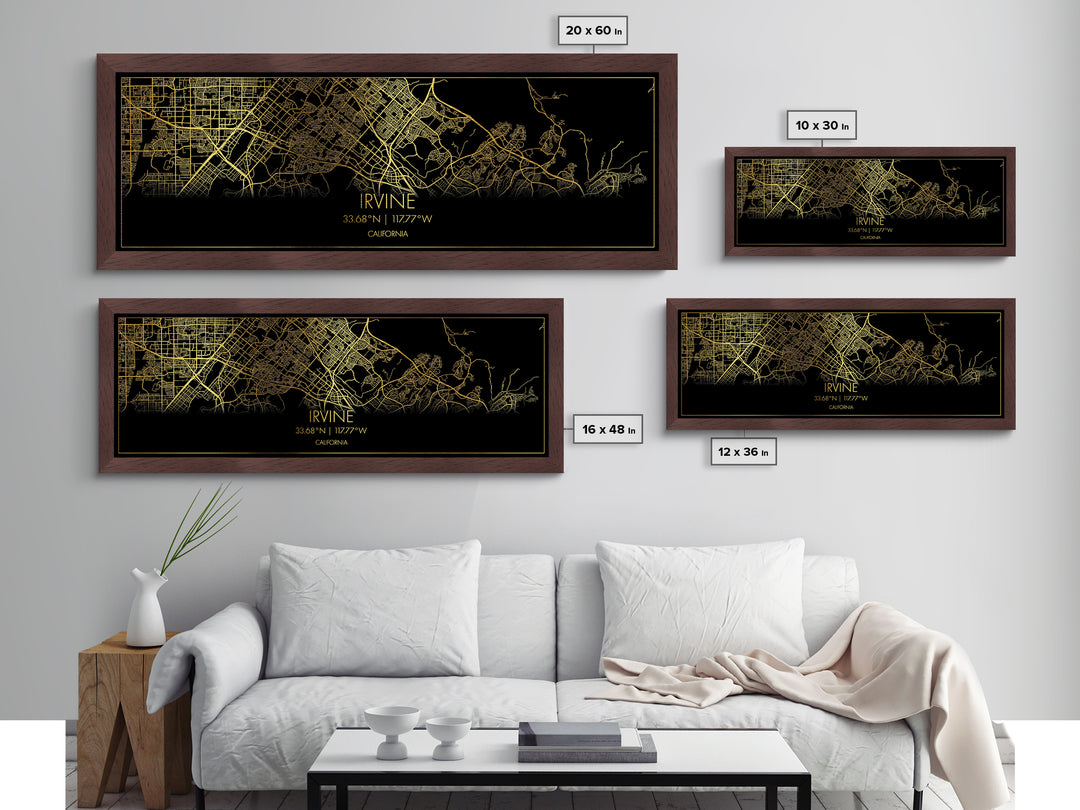Irvine California Poster, Panoramic street map, black and gold, Metallic Gold Art, Metal Art, wood framed map, Wall Art, Housewarming Gift
